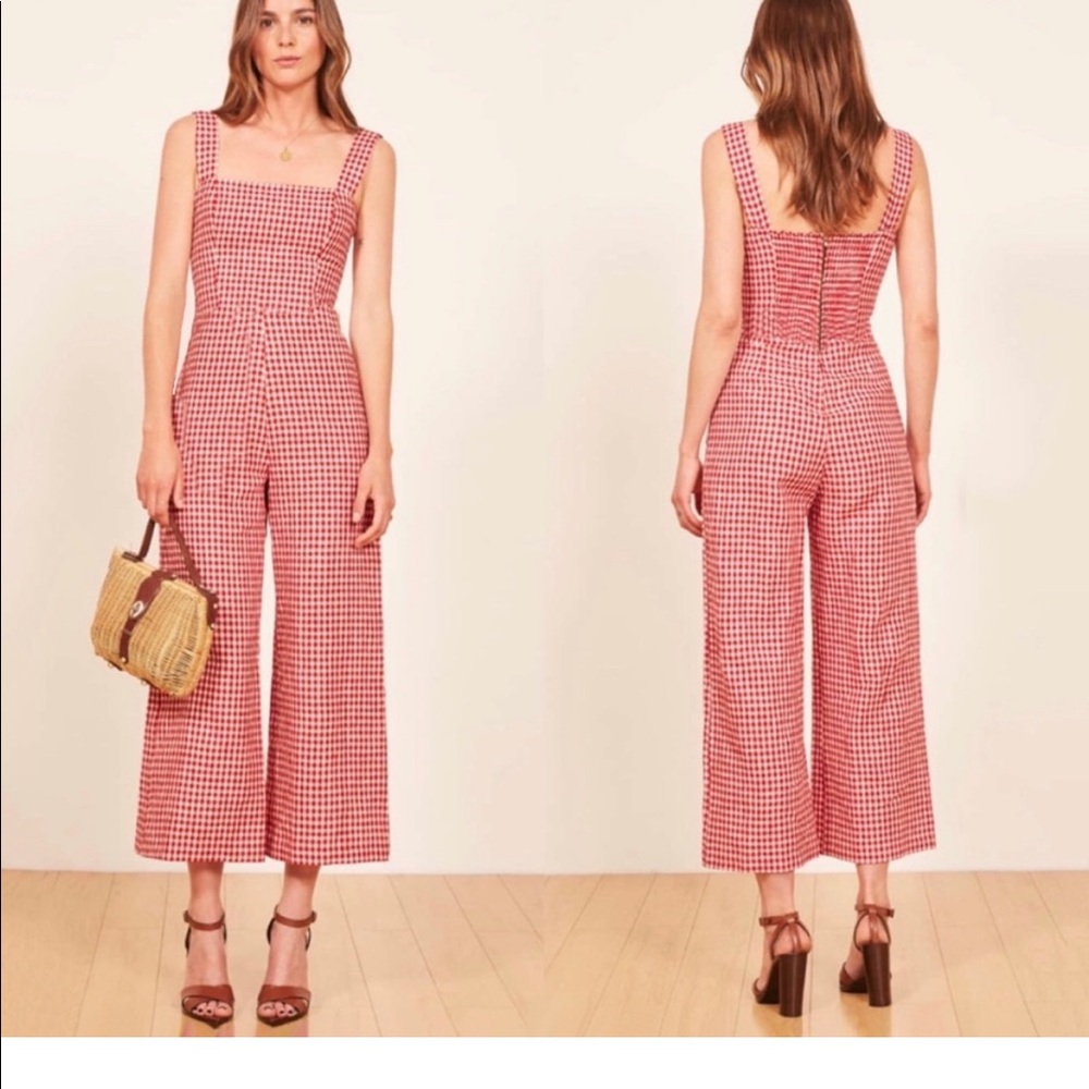 Reformation red and white gingham linen jumpsuit size 4